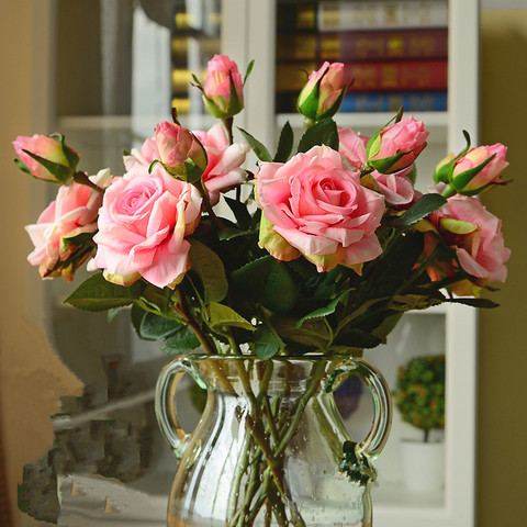 Flores artificiales de seda para decoración de boda, rosas de tacto real vívidas de alta calidad, para el hogar y la novia, 2 cabezas/ramo ► Foto 1/6