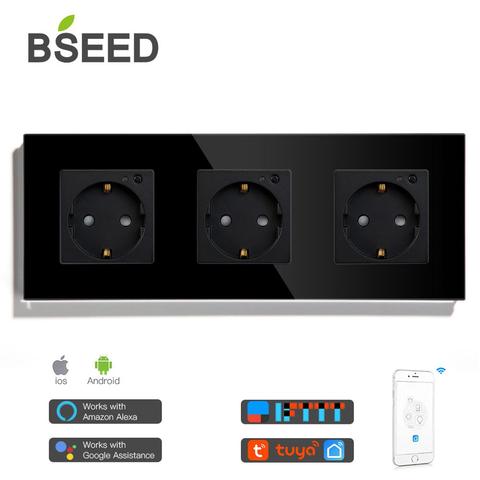BSEED-enchufe de pared estándar de la UE Wifi con Triple enchufe, 16A, 110V-250V, Panel de cristal blanco y negro dorado, compatible con aplicación Tuya ► Foto 1/5