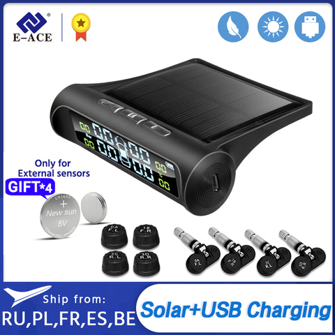 E-ACE Solar TPMS Monitor de neumáticos de coche Sensor de presión de neumáticos sistemas de alarma de seguridad de coche pantalla Digital presión de neumáticos ► Foto 1/6