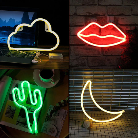 Lindo luz LED de neón nube labios Luna de luz de neón de vacaciones decoraciones bodas fiestas USB Lámpara de noche decoración envío de la gota ► Foto 1/6