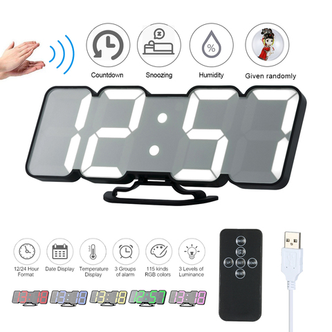 Reloj de pared Digital Led 3D, inalámbrico, remoto, Digital, RGB, alarma LED, Control de sonido USB, funciones de repetición, reloj de sobremesa de pared ► Foto 1/6