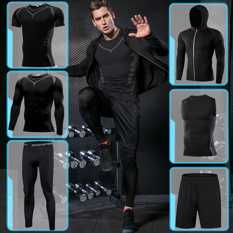 Traje deportivo ajustado para hombre, chándal de compresión para gimnasio, conjunto deportivo para correr, ropa deportiva para entrenamiento, protector contra sarpullido ► Foto 1/6