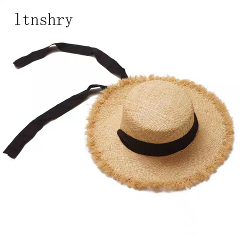 Sombrero de paja con cinta de Lafite para mujer, sombrero de playa con visera ancha, para viaje y vacaciones ► Foto 1/6