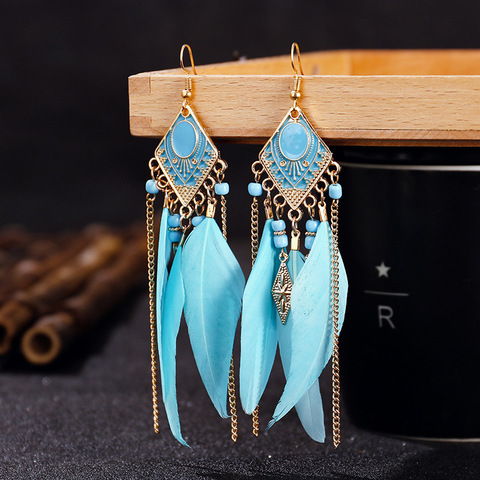 Pendientes colgantes de pluma larga para mujer, aretes colgantes de pluma larga azul, cadena de playa, borla, boda, novia, joyería ► Foto 1/6