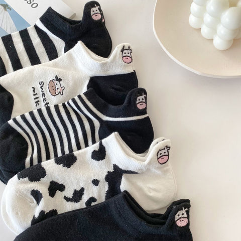 Calcetines tobilleros con bordado blanco y negro para mujer, calcetín de vaca de dibujos animados, a rayas ► Foto 1/5