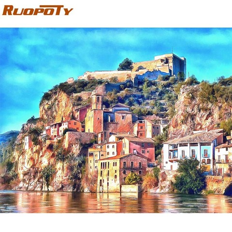 RUOPOTY-Cuadro de paisaje clásico por números, pintura acrílica sobre lienzo, pintada a mano, decoraciones de arte para pared del hogar ► Foto 1/6