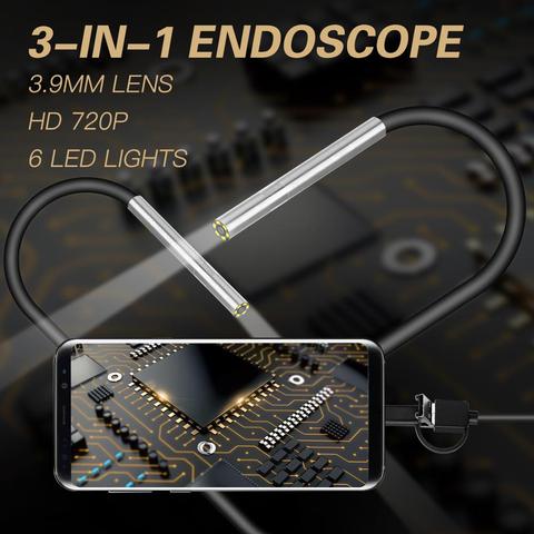 Cámara endoscópica de 3,9mm, endoscopio con lente pequeña, Android, 6 LED, Micro USB tipo C, 3 en 1, inspección impermeable, boroscopio para PC Android ► Foto 1/6