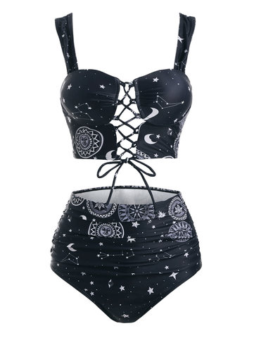 Wipalo-bañador acolchado para mujer, traje de baño Sexy con estampado de Luna, sol y Estrella, con cordones y Control de barriga, Tankini para playa ► Foto 1/6