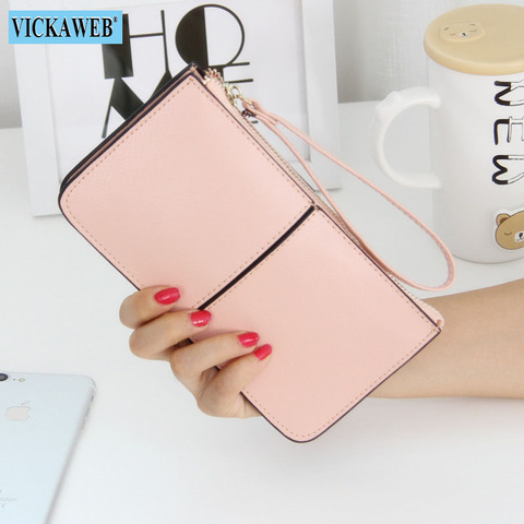 VICKAWEB-cartera de piel auténtica para mujer, Cartera de 19 colores, monedero liso con cremallera ► Foto 1/6