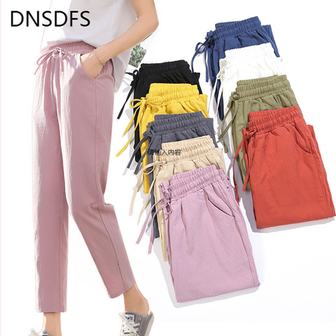 Pantalones de algodón y lino para mujer, Pantalón liso elástico en la cintura, colores caramelo, bombachos, suaves, de alta calidad, para verano y otoño, S-XXL ► Foto 1/6