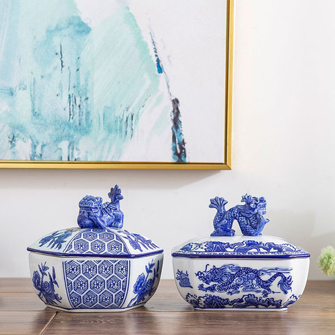 Jingdezhen-Olla de cerámica para almacenamiento de té, lata de té para el hogar, ornamento azul y blanco, caja de joyería ► Foto 1/6