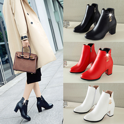 Botines de tacón grueso para mujer, botas cómodas con hebilla y cremallera, zapatos de punta redonda, color blanco y negro, para Otoño e Invierno ► Foto 1/6