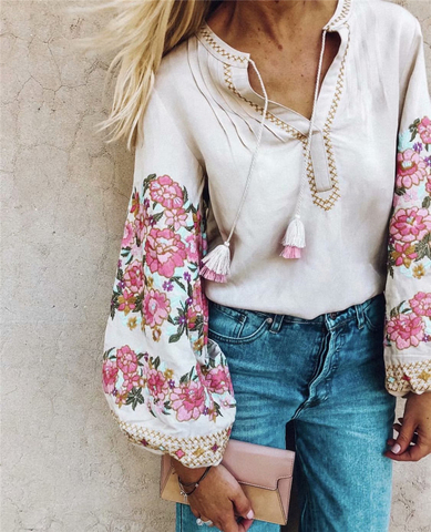 Blusa holgada de lino y algodón con manga acampanada para verano, camisa borla con bordado floral para mujer, estilo bohemio ► Foto 1/6