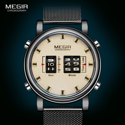 MEGIR-reloj analógico de acero inoxidable para hombre, nuevo accesorio de pulsera de cuarzo resistente al agua con puntero de rodillo deportivo militar, complemento masculino de marca de lujo con correa de malla, 2022 ► Foto 1/6