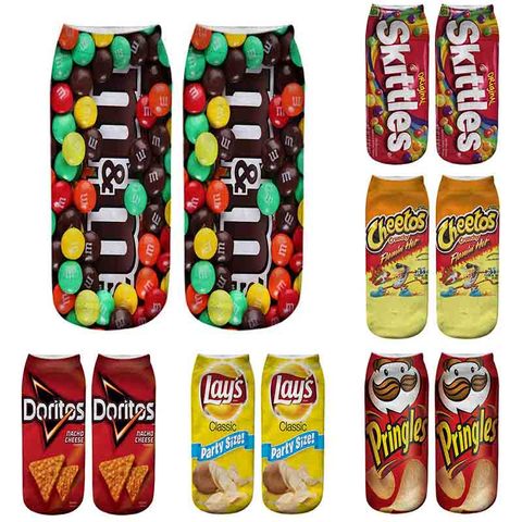 Calcetines de arte divertidos para hombre y mujer, calcetín tobillero de algodón con estampado 3D de patatas fritas, decoración corta, 24 estilos, 21cm de longitud ► Foto 1/6