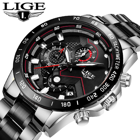 LIGE- Reloj multifunción de acero inoxidable para hombre, reloj de pulsera masculino, de negocios, resistente al agua, con fecha, de cuarzo negro ► Foto 1/6