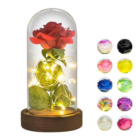 Rosa eterna roja/blanca/negra para mujer, flor en recipiente de cristal con luz LED, Base de madera, regalos de Navidad de San Valentín ► Foto 1/6