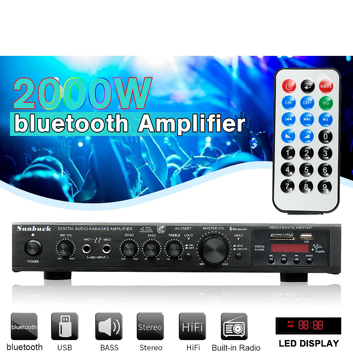 Amplificadores de cine en casa de 2000W 5 canales compatibles con bluetooth SD MIC USB LCD Display Audio amplificadores HiFi ► Foto 1/6