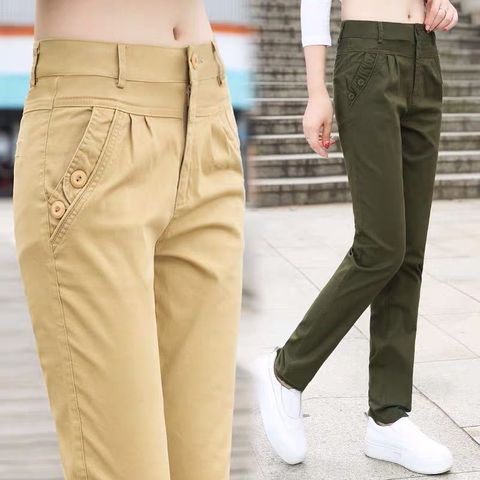 2022 Pantalones de mujer Primavera Verano cintura elástica algodón pies pantalones medio y viejo señoras sólido Casual Pantalones talla grande 3XL F145 ► Foto 1/6