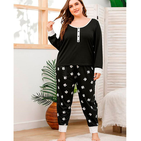 Conjuntos de pijamas de otoño para mujer, Top y pantalón de talla grande, 5XL, 6XL, 7XL, ropa de dormir larga, para casa ► Foto 1/6