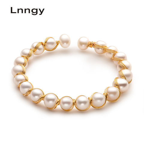 Lnngy 14K pulsera llena de oro 6,5-8,5mm perlas naturales cultivadas de agua dulce pulsera trenzada de moda brazalete mujeres regalos de joyería ► Foto 1/6