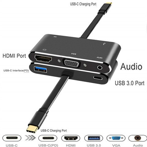 USB-C HDMI VGA adaptador usb c hub usb3.0 with cargo aux de 3,5mm jack cable multipuerto de convertidor para Macbook pro dell huawei p20 ► Foto 1/5