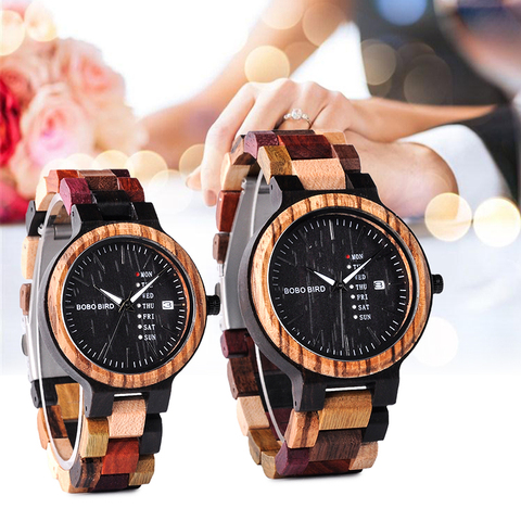 BOBO BIRD Week Display Auto Date reloj de madera ligero pareja reloj de pulsera de cuarzo personalizar reloj masculino regalo de cumpleaños DIY ► Foto 1/6