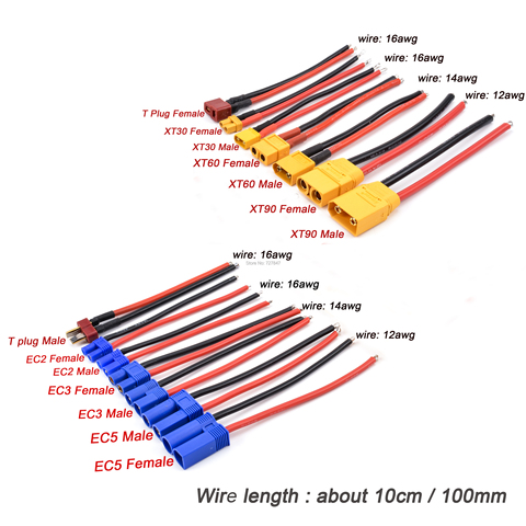 XT90 XT60 XT30 EC5 EC3 EC2 T conector macho/hembra enchufe Cable de silicona 12/14/16AWG RC Cable de batería 90mm/100mm ► Foto 1/6