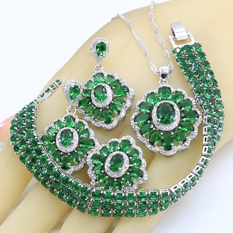 Conjuntos de joyería de plata 925 de Esmeralda verde para mujer, aretes de boda, pulsera, anillos, collar, caja de regalo de colgante ► Foto 1/6