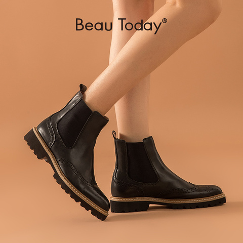 BeauToday-Botas de piel de ternero para mujer, botines de cuero genuino con banda elástica de punta redonda, botines hechos a mano, 03439 ► Foto 1/6