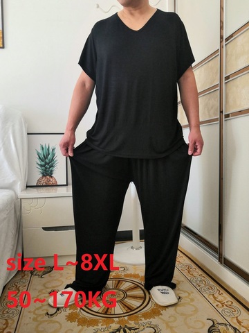 Conjuntos de pijama para hombre, ropa de verano, Modal, de talla grande, 7XL, 8XL, 50-170KG, suave, informal, de manga corta, Top y pantalones largos ► Foto 1/6