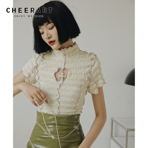 CHEERART-Blusa de manga corta con volantes para mujer, Tops de cuello alto para mujer, Top fruncido con volantes, Top estético 2022 ► Foto 1/6