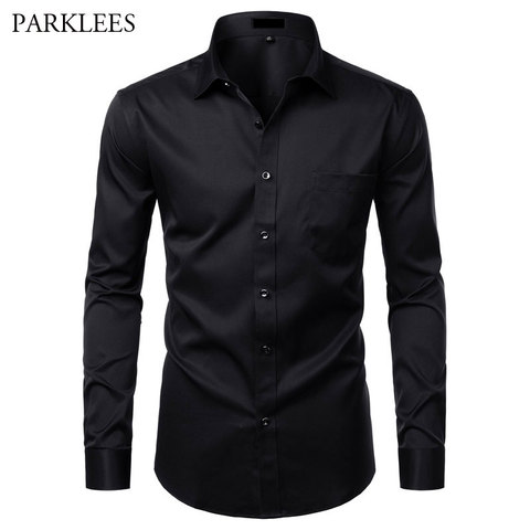 Camisa negra de fibra de bambú para hombre, camisas de vestir ajustadas e informales, Color sólido, elástica, abotonada, Social, con bolsillo, 4XL ► Foto 1/6