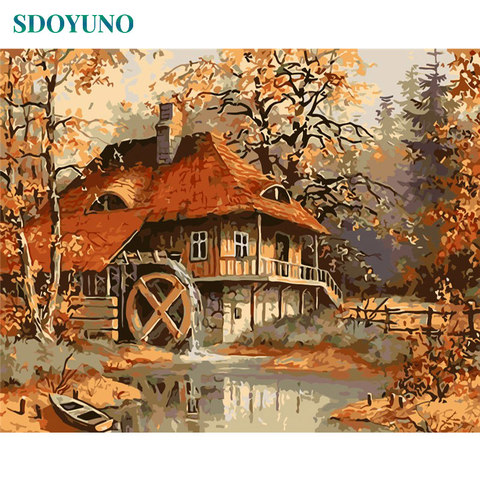 Pintura al óleo de SDOYUNO Cuadros Pintura por Numero pintar por numeros oleo por números paisaje natural otoño Casa de Campo 60x75cm DIY sin marco número pintura imágenes por números ► Foto 1/6