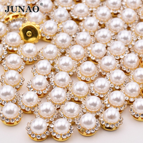 JUNAO-Cuentas de perlas de costura en blanco, garra dorada en miniatura, apliques de cristal, diamantes de Strass redondos de flores para manualidades, 8, 10, 12 mm ► Foto 1/6