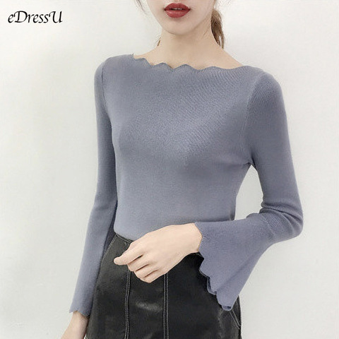 EDressU-suéter de cuello de barco para mujer, Jersey elegante coreano de manga acampanada, ropa informal de punto azul para oficina, HT-105 ► Foto 1/5