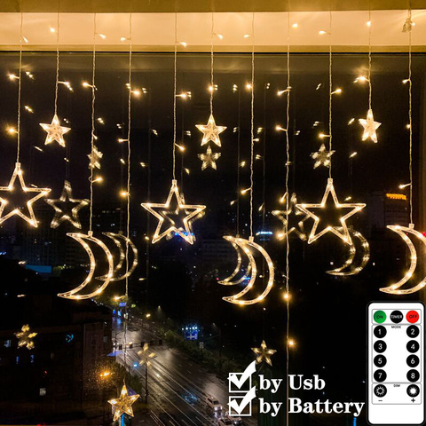 Cortina de luces LED USB con forma de Luna y estrellas, cadena de luces con batería y mando a distancia, para el hogar, habitación, ventana, guirnalda, vacaciones ► Foto 1/6