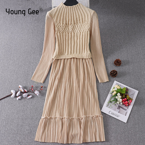 Young Gee-suéter elegante de almazuela de terciopelo para mujer, Vestido de punto de manga larga a rayas, vestidos de Casual plisado de oficina para Otoño e Invierno ► Foto 1/6