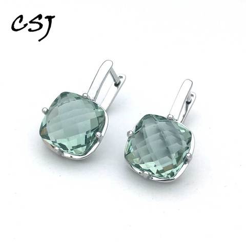 CSJ-pendiente con amatista verde Natural para mujer, Plata de Ley 925, corte acolchado, 10mm, 7CT, joyería fina para mujer, caja de regalo para fiestas ► Foto 1/6