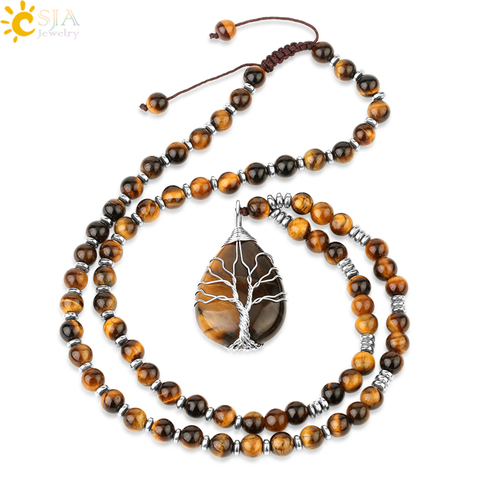 CSJA piedras naturales cuentas de ojo de tigre collares para hombres Colgantes de árbol de la vida Mala Yoga granos 7 Chakras y Reiki joyería femenina S469 ► Foto 1/6