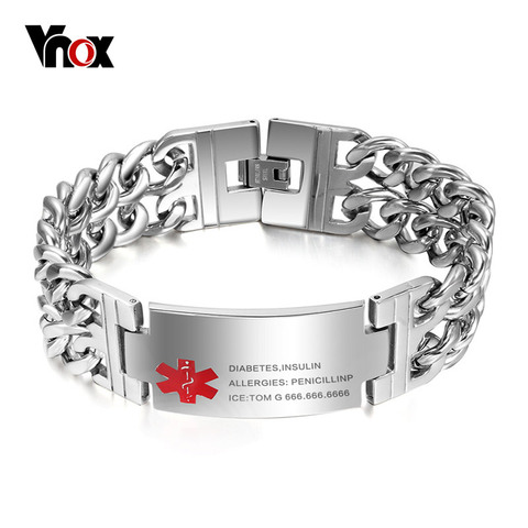 Vnox hombres ID de alerta médica etiqueta pulsera de acero inoxidable brazalete enlace Cuba cadena grabado gratis ► Foto 1/6