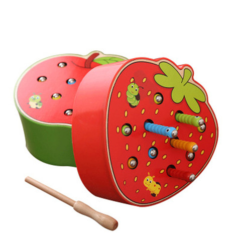 Puzle 3D de madera para bebé, juguetes educativos para primera infancia Montessori, juego magnético de fresa y manzana para atrapar el gusano, Color cognitivo ► Foto 1/6