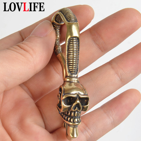 LLavero de latón macizo para hombre, llavero con gancho de cintura y cabeza de Calavera, hebilla, llavero de coche, Vintage, de cobre, Punk, regalo colgante ► Foto 1/6