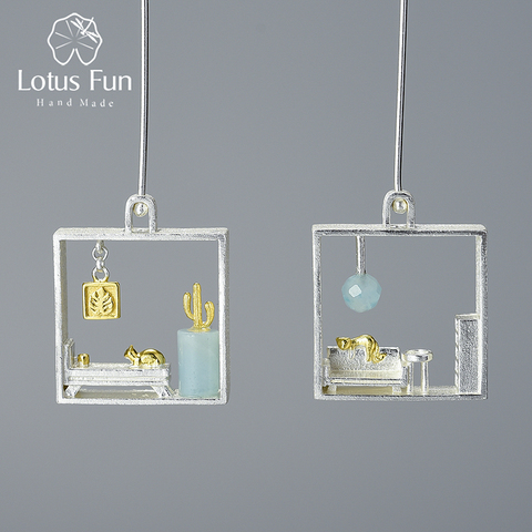 Pendientes colgantes hechos a mano para mujer, Lotus Fun, Gato perezoso en casa, joyería fina de diseño, aretes cuadrados grandes para mujer ► Foto 1/6