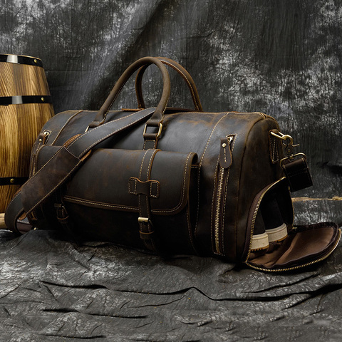 Bolso de viaje de cuero grueso con bolsillo para zapatos para hombre, bolsa de fin de semana de cuero Real de 20 pulgadas, Estilo Vintage, bandolera de cuero de Caballo Loco ► Foto 1/6