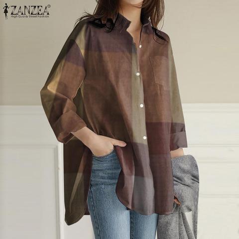 ZANZEA informal-Blusa de manga larga para otoño, camisa asimétrica con bolsillos para mujer, dibujo de cuadros, de talla grande ► Foto 1/6