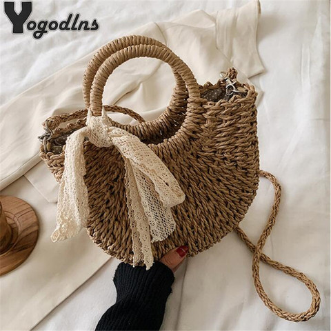 Bolso de paja tejido a mano para mujer, en forma de Luna, con lazo de encaje, de ratán de gran capacidad, con cordón, informal, para playa, bolso de hombro tipo bandolera ► Foto 1/6