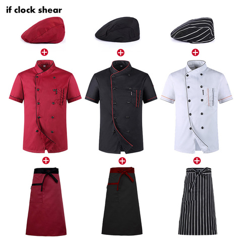 Conjunto de verano de Chefs de manga corta para hombre y mujer, ropa de trabajo para restaurante, Hotel, cocina, chaqueta fina transpirable, sombrero y delantal, 2022 ► Foto 1/6