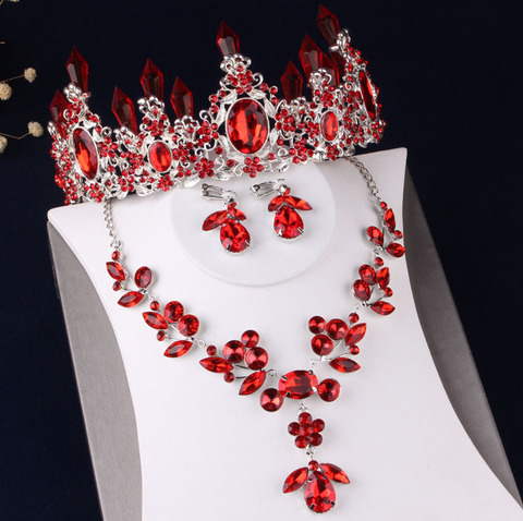 Enchapado en plata de lujo, flores de cristal rojo, juegos de joyas nupciales con diamante de imitación, Tiaras, collar de corona, pendientes, conjunto de joyería de Dubái de boda ► Foto 1/6