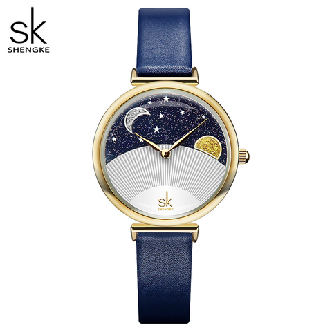 Shengke-reloj de cuarzo azul para mujer, banda de reloj de cuero de alta calidad, informal, resistente al agua, reloj de pulsera de regalo para esposa con caja ► Foto 1/6